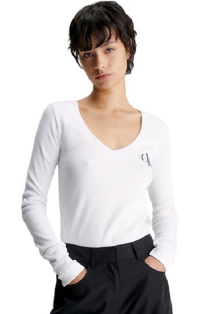 CALVIN KLEIN RIB V-NECK MONOLOGO LONG SLEEVE ΜΠΛΟΥΖΑ ΓΥΝΑΙΚΕΙΑ WHITE