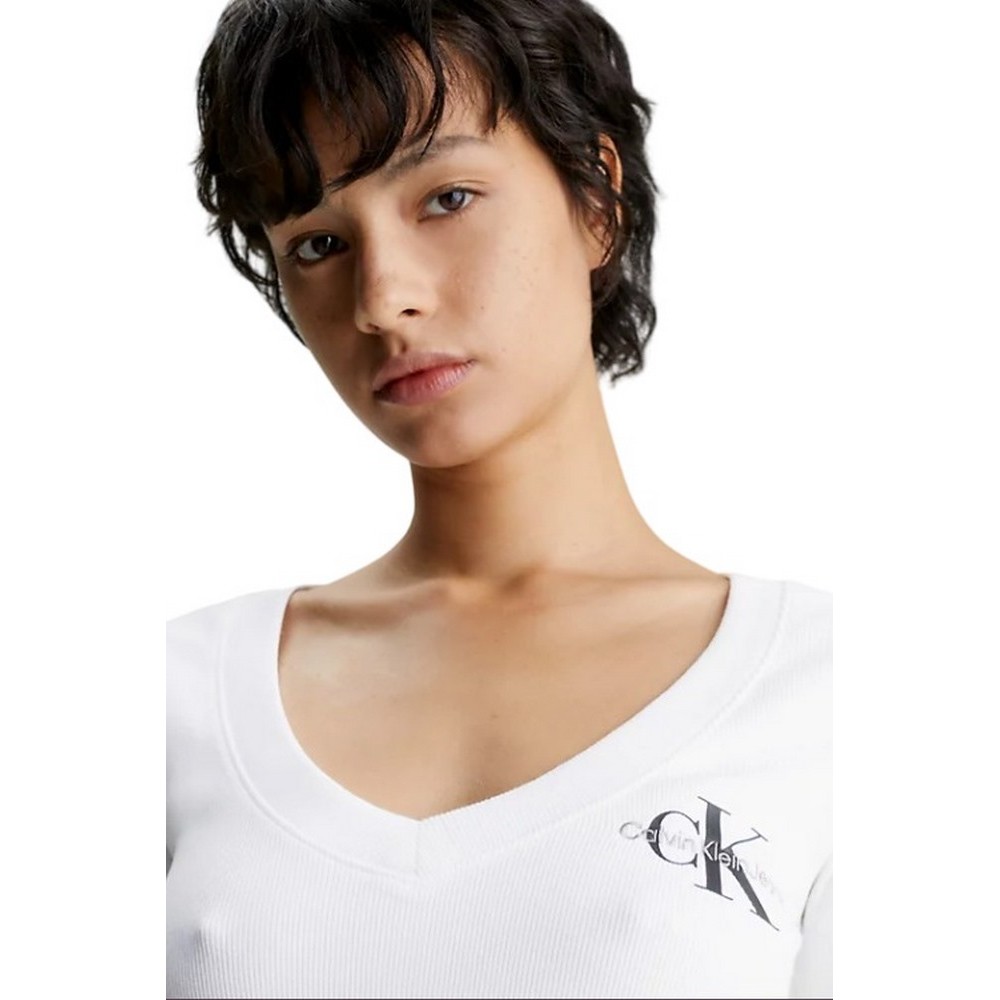 CALVIN KLEIN RIB V-NECK MONOLOGO LONG SLEEVE ΜΠΛΟΥΖΑ ΓΥΝΑΙΚΕΙΑ WHITE