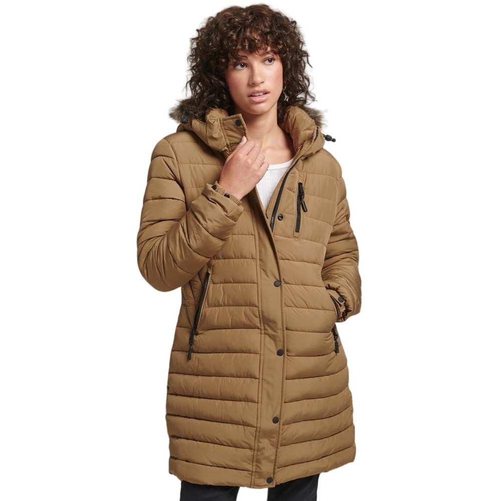 SUPERDRY D5 OVIN FUJI HOODED MID LENGTH PUFFER ΜΠΟΥΦΑΝ ΓΥΝΑΙΚΕΙΟ BROWN