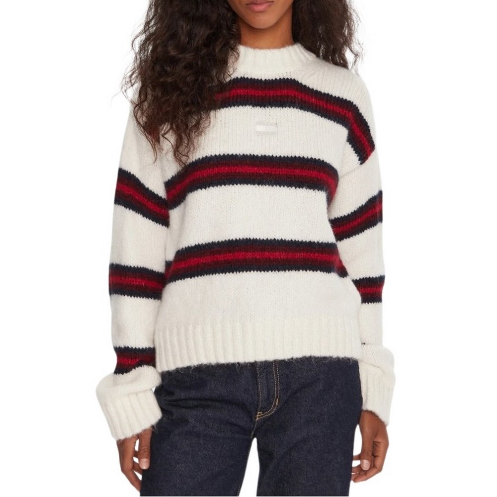 TOMMY JEANS BADGE STRIPE FLUFFY SWEATER ΜΠΛΟΥΖΑ ΠΛΕΚΤΗ ΓΥΝΑΙΚΕΙΑ WHITE