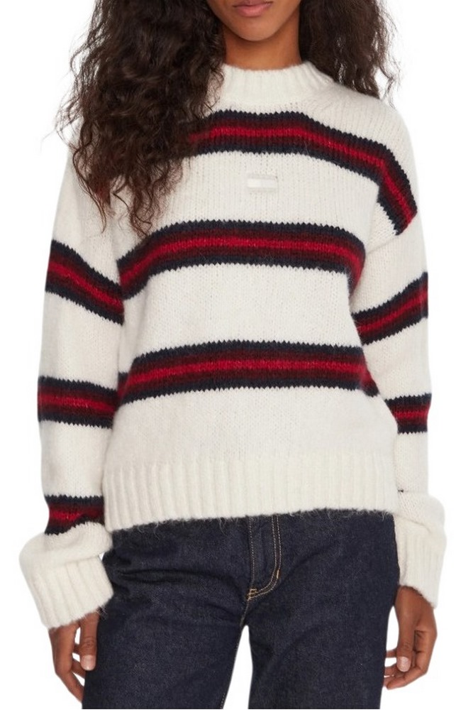 TOMMY JEANS BADGE STRIPE FLUFFY SWEATER ΜΠΛΟΥΖΑ ΠΛΕΚΤΗ ΓΥΝΑΙΚΕΙΑ WHITE