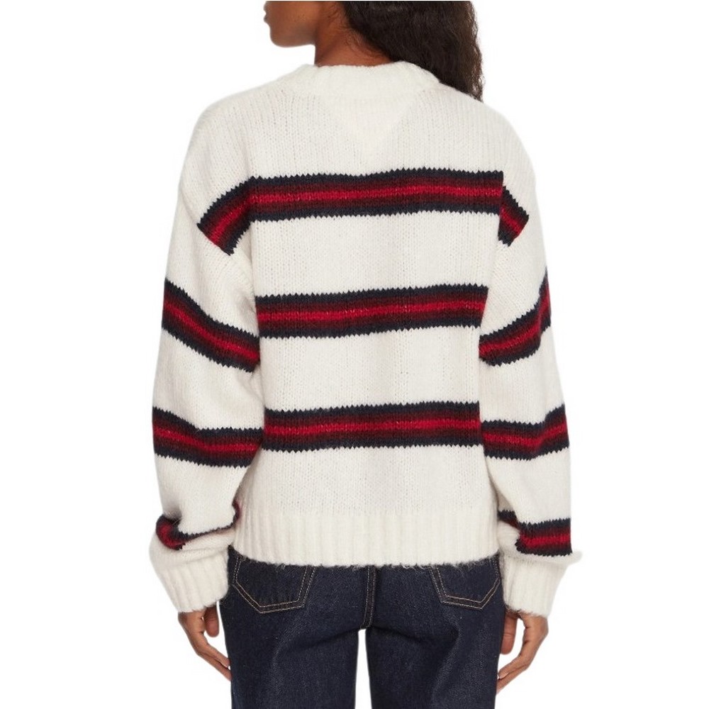 TOMMY JEANS BADGE STRIPE FLUFFY SWEATER ΜΠΛΟΥΖΑ ΠΛΕΚΤΗ ΓΥΝΑΙΚΕΙΑ WHITE
