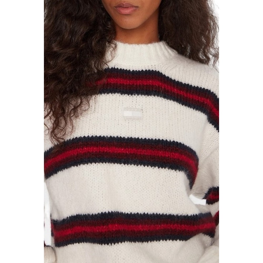 TOMMY JEANS BADGE STRIPE FLUFFY SWEATER ΜΠΛΟΥΖΑ ΠΛΕΚΤΗ ΓΥΝΑΙΚΕΙΑ WHITE