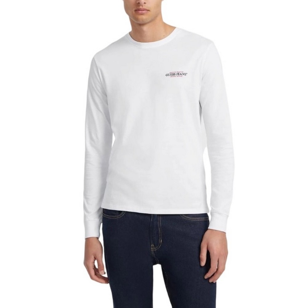 GUESS JEANS  LS CN SLIM AMERICAN TR TEE ΜΠΛΟΥΖΑ ΑΝΔΡΙΚΗ WHITE