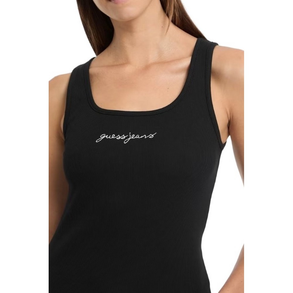 GUESS JEANS TANK TOP SLIM RIB EMBRO ΤΟΠ  ΓΥΝΑΙΚΕΙΟ BLACK