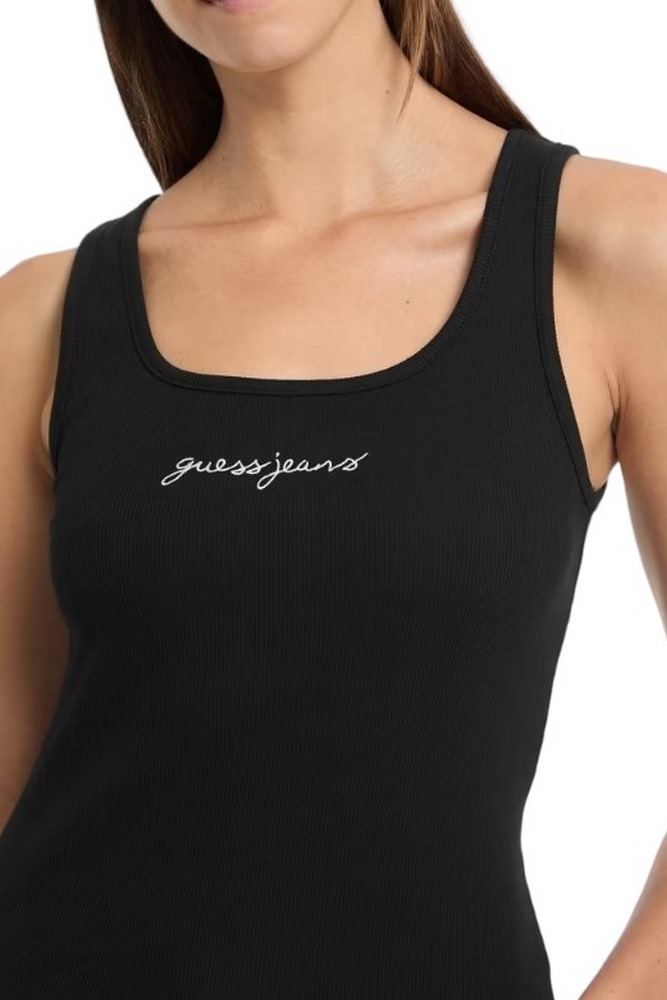 GUESS JEANS TANK TOP SLIM RIB EMBRO ΤΟΠ  ΓΥΝΑΙΚΕΙΟ BLACK