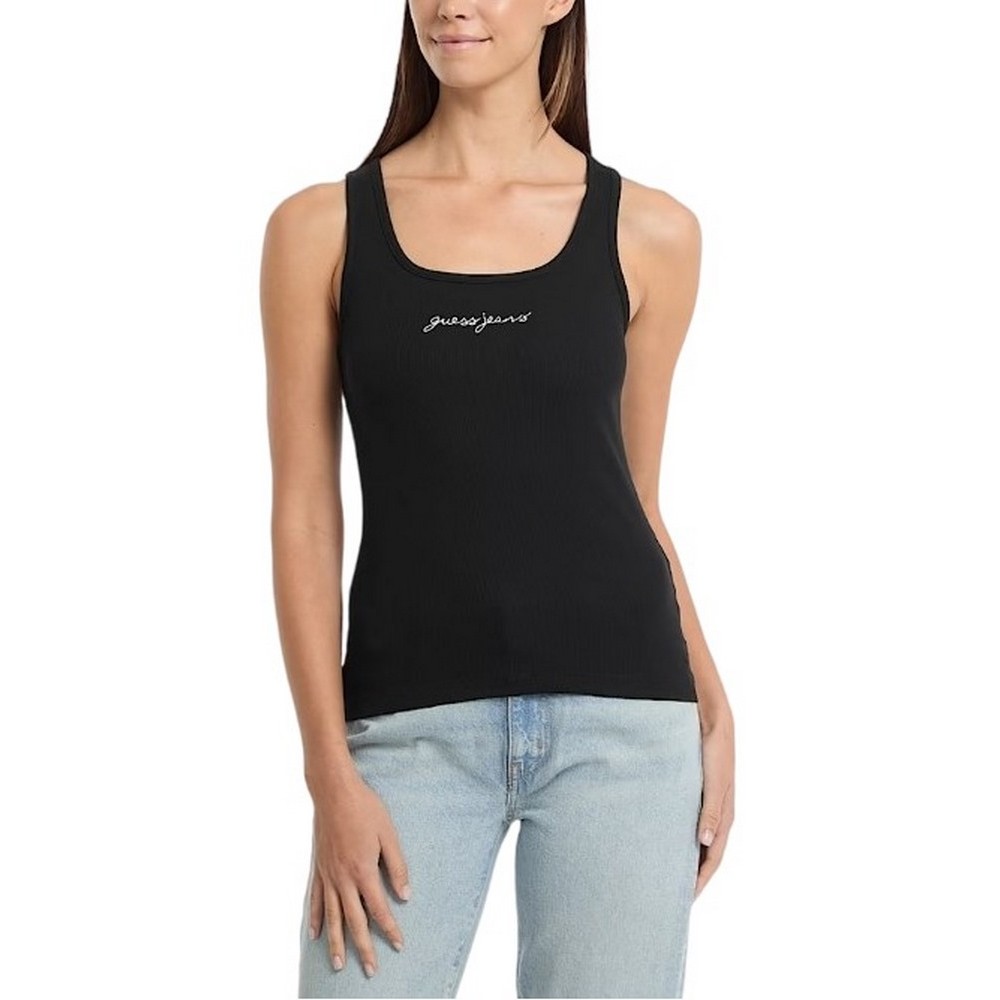 GUESS JEANS TANK TOP SLIM RIB EMBRO ΤΟΠ  ΓΥΝΑΙΚΕΙΟ BLACK