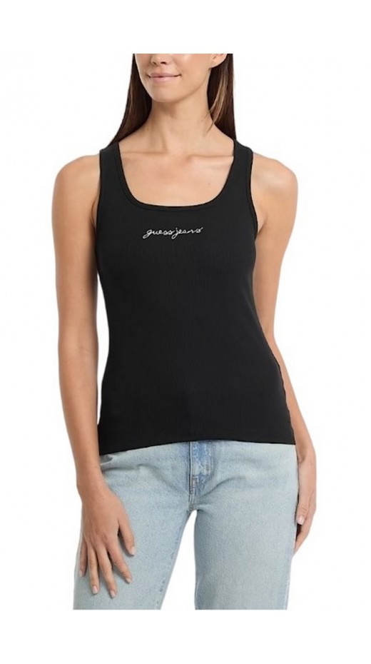 GUESS JEANS TANK TOP SLIM RIB EMBRO ΤΟΠ  ΓΥΝΑΙΚΕΙΟ BLACK