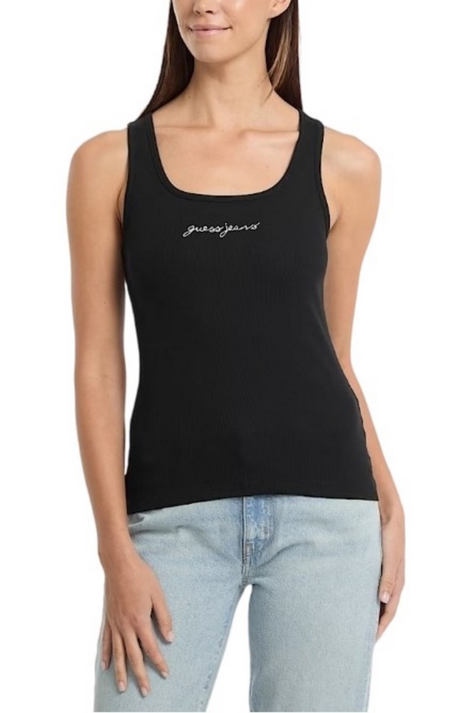 GUESS JEANS TANK TOP SLIM RIB EMBRO ΤΟΠ  ΓΥΝΑΙΚΕΙΟ BLACK