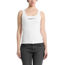 GUESS JEANS TANK TOP SLIM RIB EMBRO ΤΟΠ  ΓΥΝΑΙΚΕΙΟ WHITE