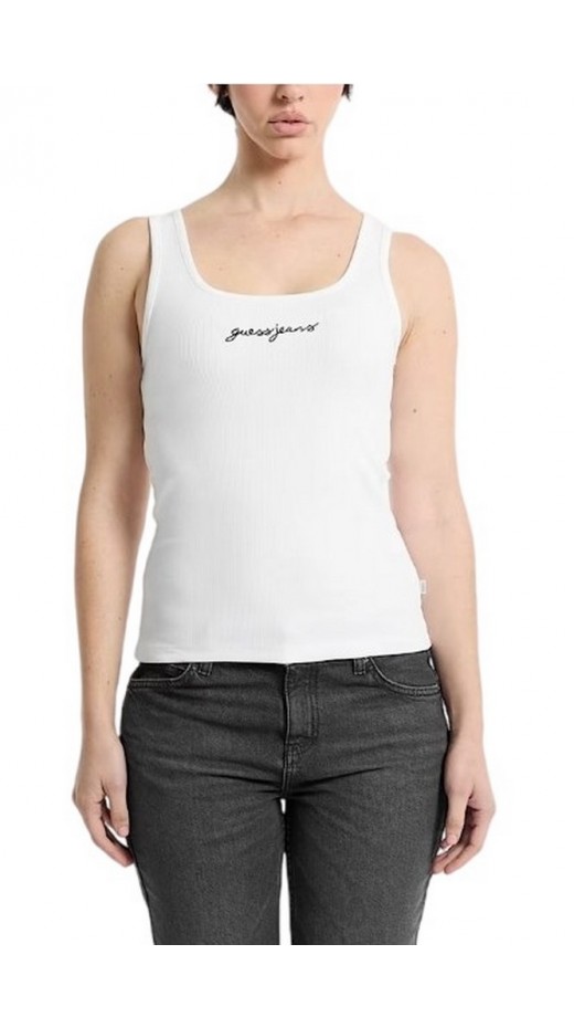 GUESS JEANS TANK TOP SLIM RIB EMBRO ΤΟΠ  ΓΥΝΑΙΚΕΙΟ WHITE