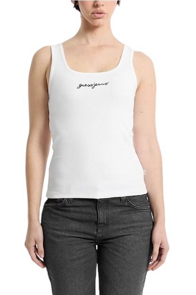 GUESS JEANS TANK TOP SLIM RIB EMBRO ΤΟΠ  ΓΥΝΑΙΚΕΙΟ WHITE