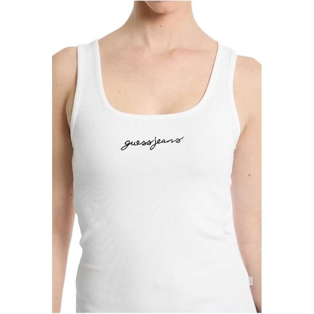 GUESS JEANS TANK TOP SLIM RIB EMBRO ΤΟΠ  ΓΥΝΑΙΚΕΙΟ WHITE