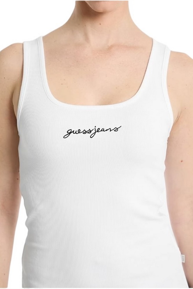 GUESS JEANS TANK TOP SLIM RIB EMBRO ΤΟΠ  ΓΥΝΑΙΚΕΙΟ WHITE