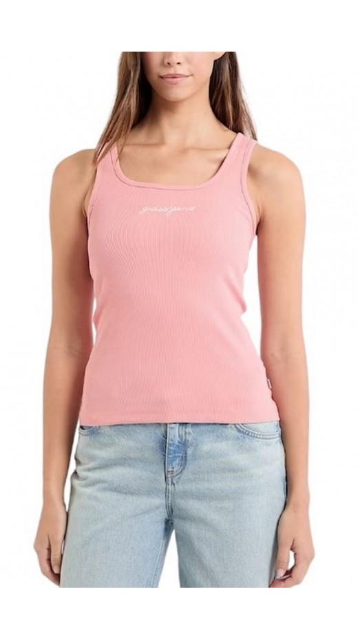 GUESS JEANS TANK TOP SLIM RIB EMBRO ΤΟΠ  ΓΥΝΑΙΚΕΙΟ PINK