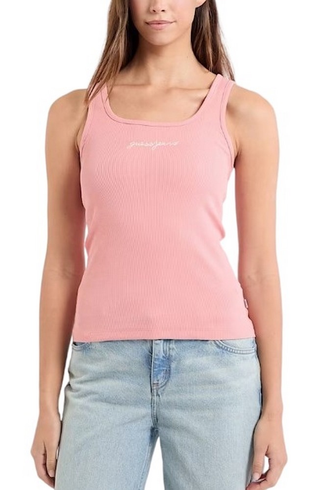 GUESS JEANS TANK TOP SLIM RIB EMBRO ΤΟΠ  ΓΥΝΑΙΚΕΙΟ PINK