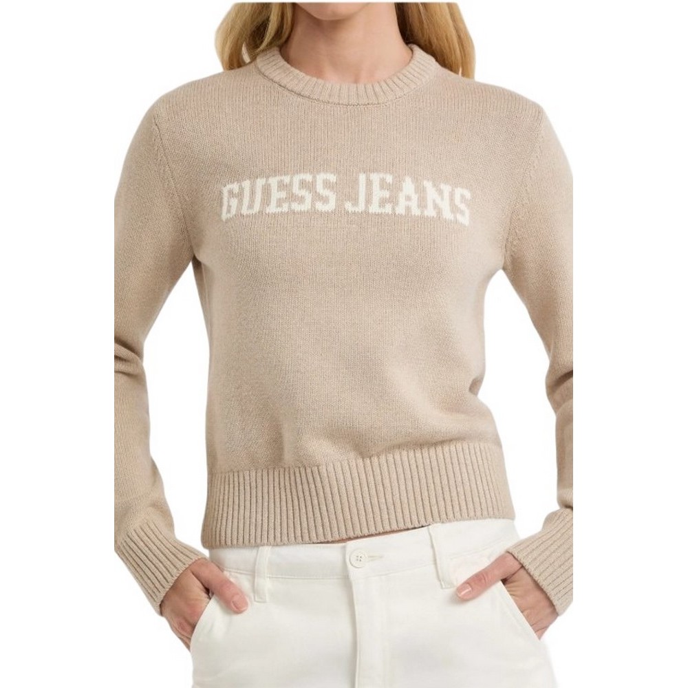 GUESS JEANS INTARSIA SWTR ΜΠΛΟΥΖΑ ΠΛΕΚΤΗ ΓΥΝΑΙΚΕΙΑ BEIGE