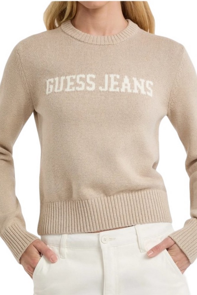 GUESS JEANS INTARSIA SWTR ΜΠΛΟΥΖΑ ΠΛΕΚΤΗ ΓΥΝΑΙΚΕΙΑ BEIGE