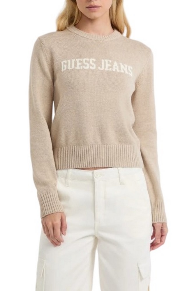 GUESS JEANS INTARSIA SWTR ΜΠΛΟΥΖΑ ΠΛΕΚΤΗ ΓΥΝΑΙΚΕΙΑ BEIGE
