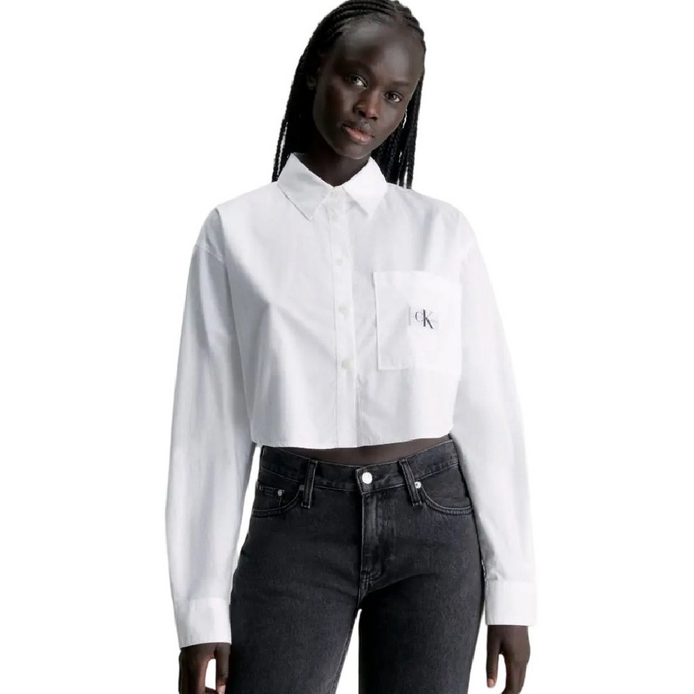 CALVIN KLEIN JEANS WOVEN LABEL CROPPED SHIRT ΠΟΥΚΑΜΙΣΟ ΓΥΝΑΙΚΕΙΟ WHITE