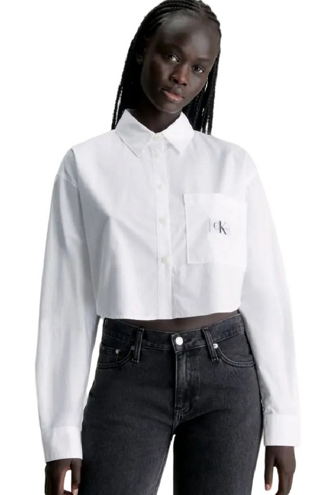 CALVIN KLEIN JEANS WOVEN LABEL CROPPED LS SHIRT ΠΟΥΚΑΜΙΣΟ ΓΥΝΑΙΚΕΙΟ WHITE