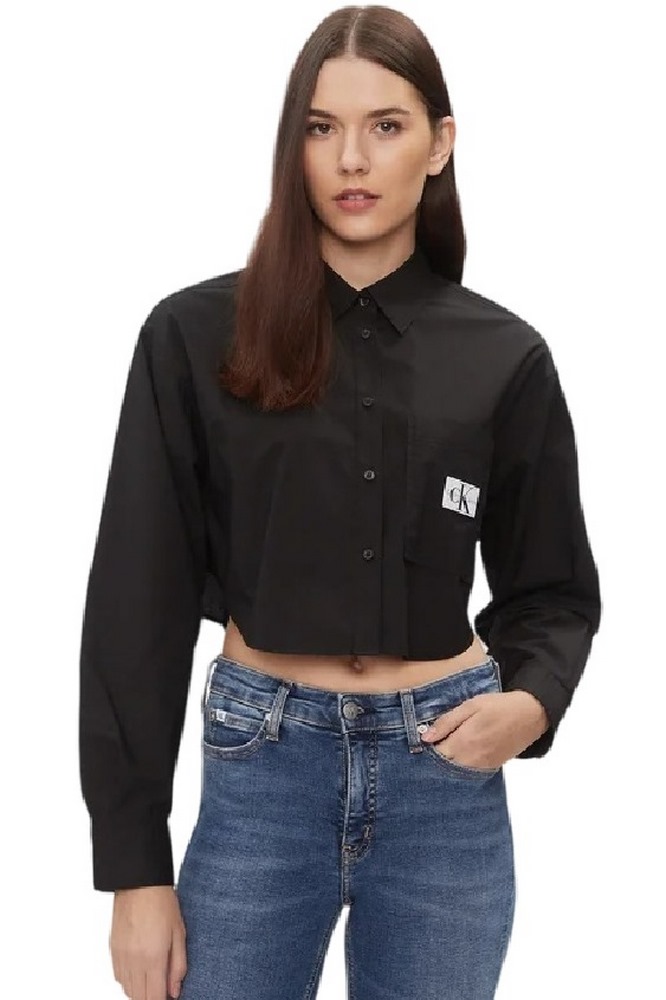 CALVIN KLEIN JEANS WOVEN LABEL CROPPED LS SHIRT ΠΟΥΚΑΜΙΣΟ ΓΥΝΑΙΚΕΙΟ BLACK