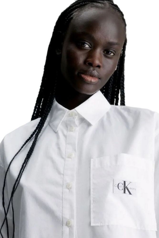 CALVIN KLEIN JEANS WOVEN LABEL CROPPED LS SHIRT ΠΟΥΚΑΜΙΣΟ ΓΥΝΑΙΚΕΙΟ WHITE