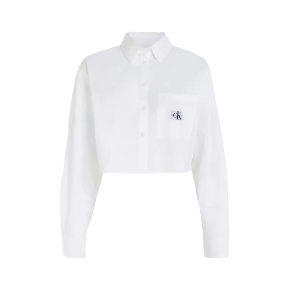 CALVIN KLEIN JEANS WOVEN LABEL CROPPED SHIRT ΠΟΥΚΑΜΙΣΟ ΓΥΝΑΙΚΕΙΟ WHITE