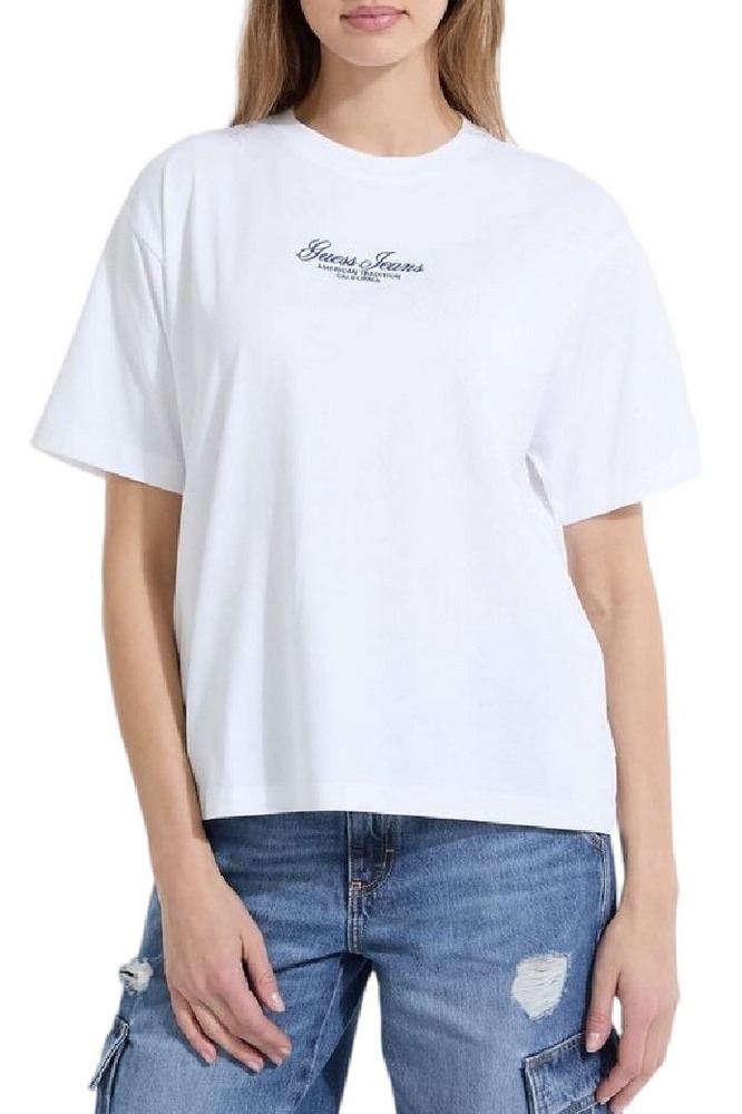 GUESS JEANS CN SS OS EMB SCRIPT TEE T-SHIRT ΜΠΛΟΥΖΑ ΓΥΝΑΙΚΕΙΑ WHITE