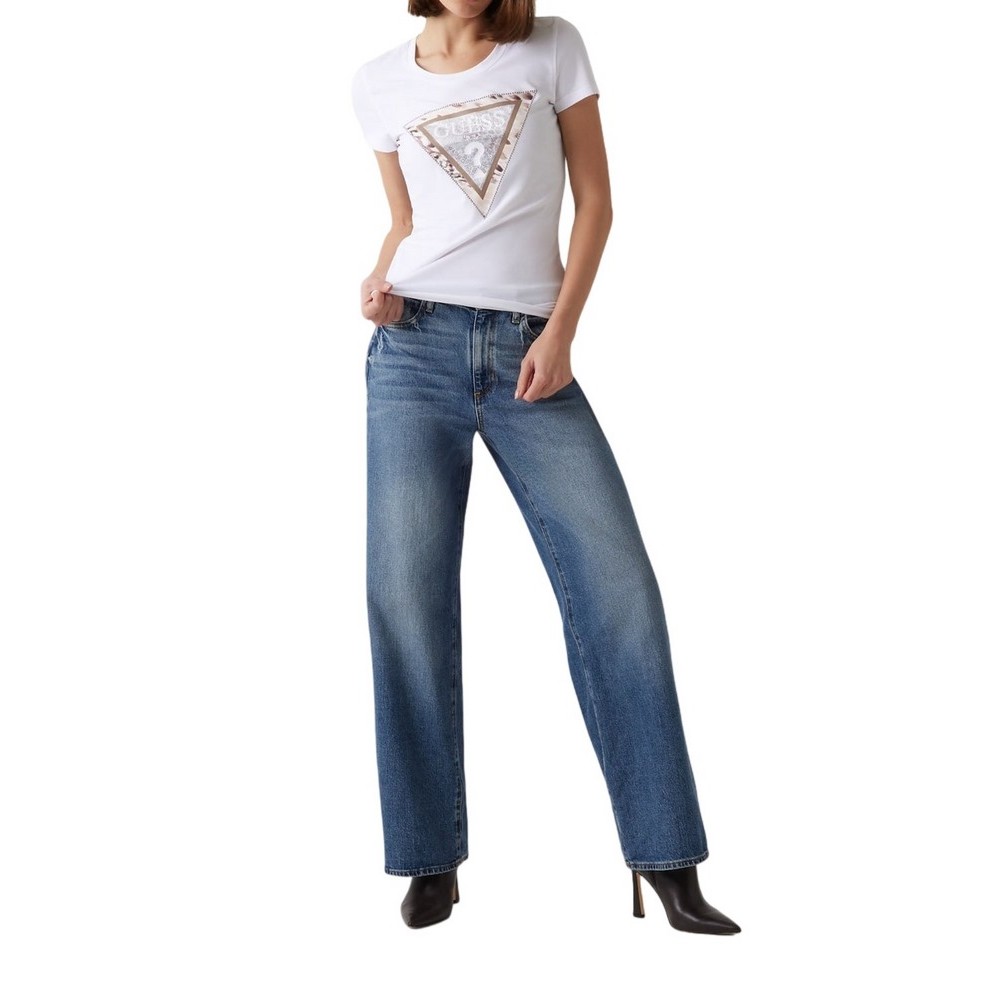 GUESS SS CN CHEETA LOGO TRIANGLE TEE T-SHIRT ΜΠΛΟΥΖΑ ΓΥΝΑΙΚΕΙΑ WHITE
