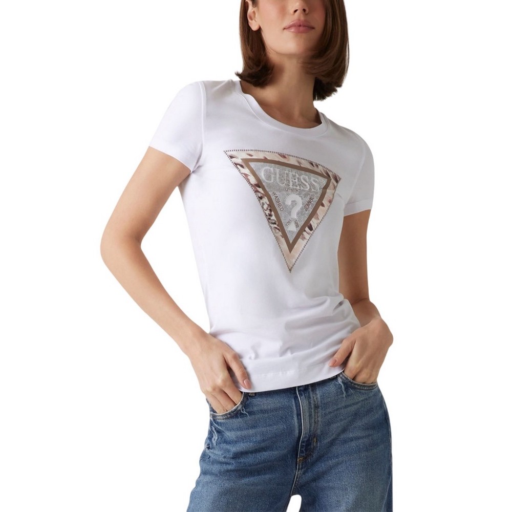 GUESS SS CN CHEETA LOGO TRIANGLE TEE T-SHIRT ΜΠΛΟΥΖΑ ΓΥΝΑΙΚΕΙΑ WHITE