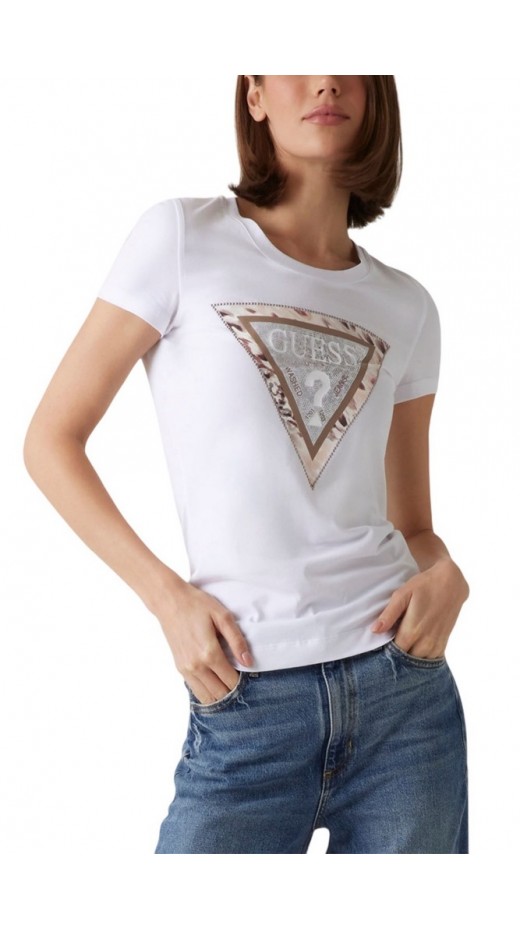 GUESS SS CN CHEETA LOGO TRIANGLE TEE T-SHIRT ΜΠΛΟΥΖΑ ΓΥΝΑΙΚΕΙΑ WHITE