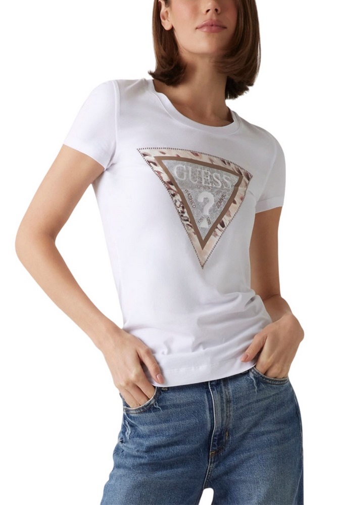 GUESS SS CN CHEETA LOGO TRIANGLE TEE T-SHIRT ΜΠΛΟΥΖΑ ΓΥΝΑΙΚΕΙΑ WHITE