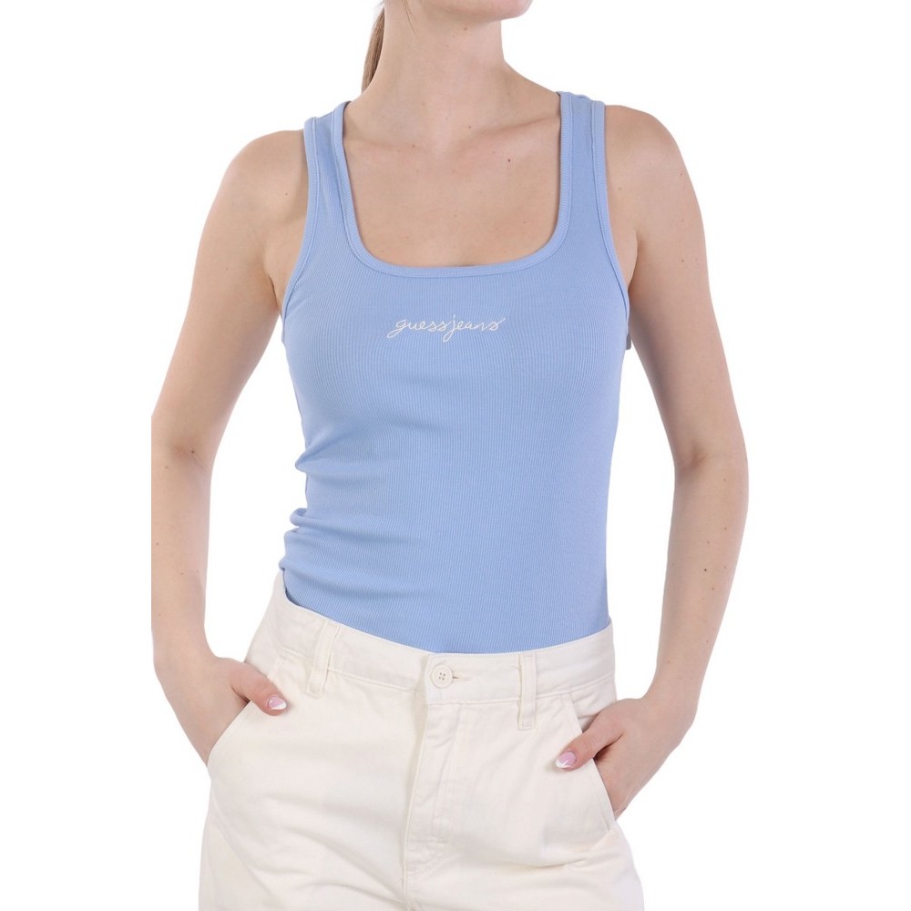 GUESS JEANS TANK TOP SLIM RIB EMBRO ΤΟΠ  ΓΥΝΑΙΚΕΙΟ BLUE