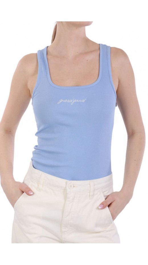 GUESS JEANS TANK TOP SLIM RIB EMBRO ΤΟΠ  ΓΥΝΑΙΚΕΙΟ BLUE