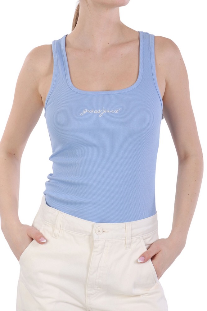 GUESS JEANS TANK TOP SLIM RIB EMBRO ΤΟΠ  ΓΥΝΑΙΚΕΙΟ BLUE