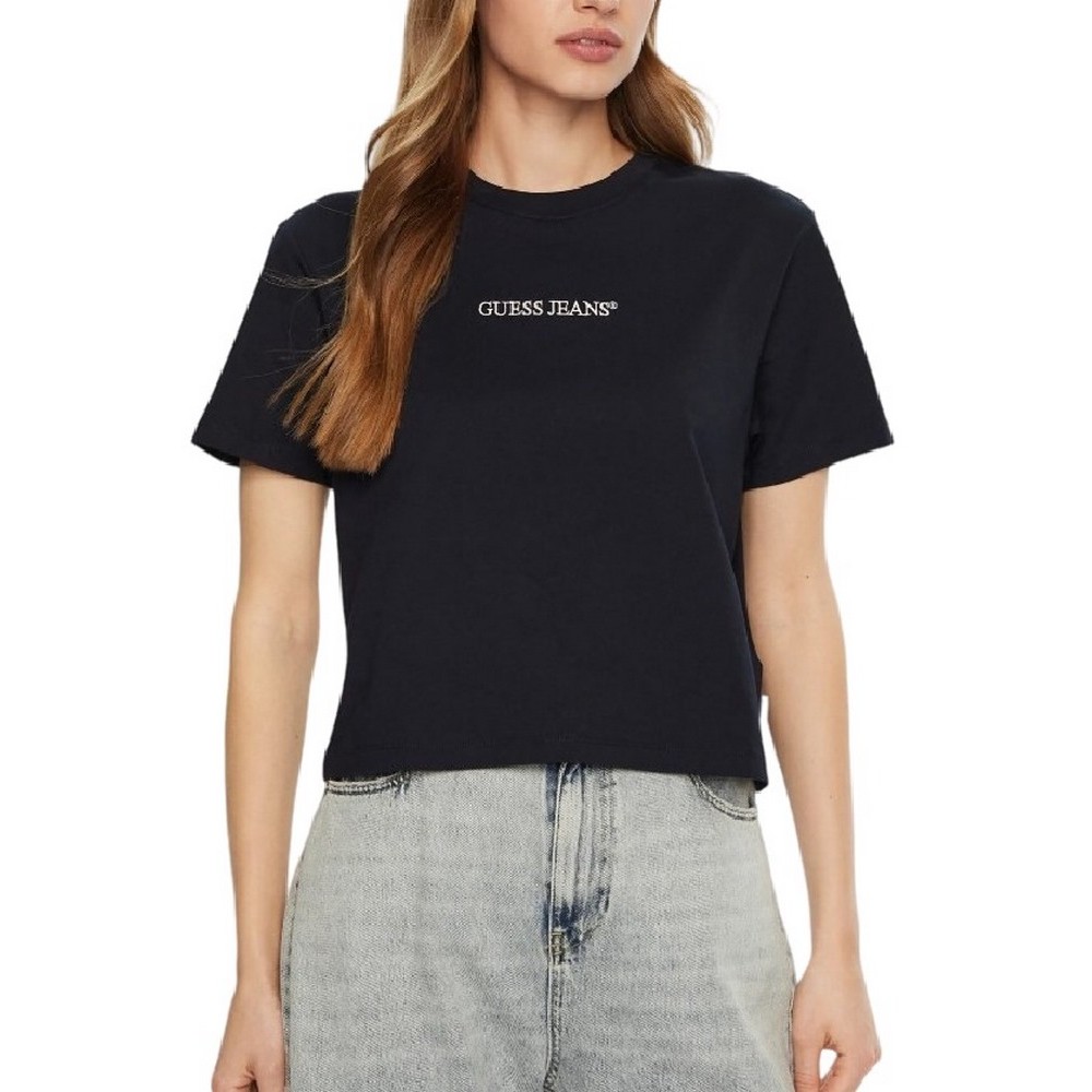 GUESS JEANS SS CN BOXY EMBRO LOGO TEE ΜΠΛΟΥΖΑ ΓΥΝΑΙΚΕΙΑ DARK NAVY