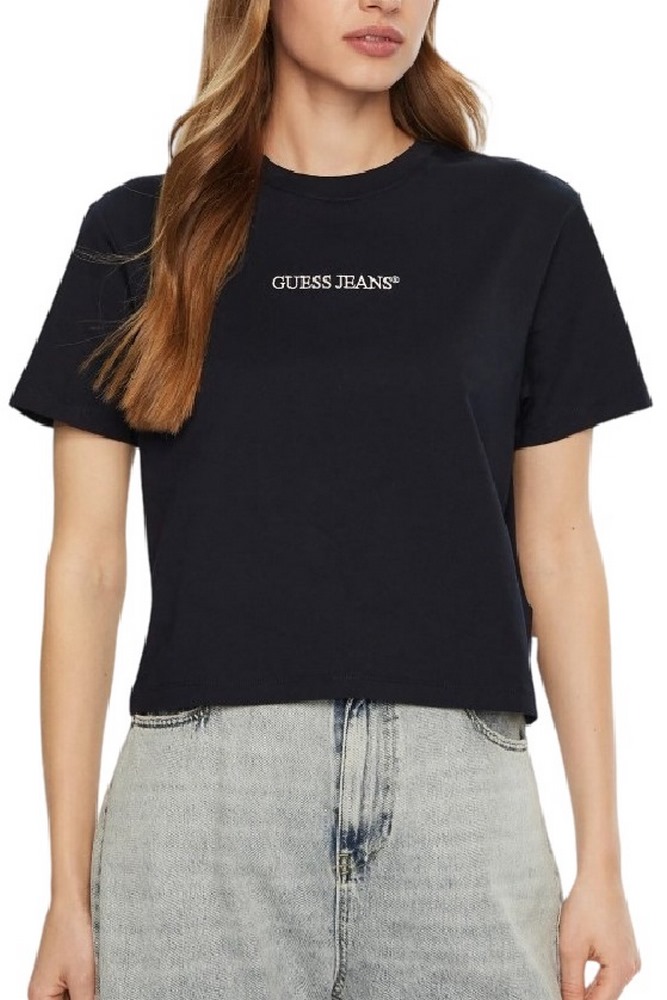 GUESS JEANS SS CN BOXY EMBRO LOGO TEE ΜΠΛΟΥΖΑ ΓΥΝΑΙΚΕΙΑ DARK NAVY