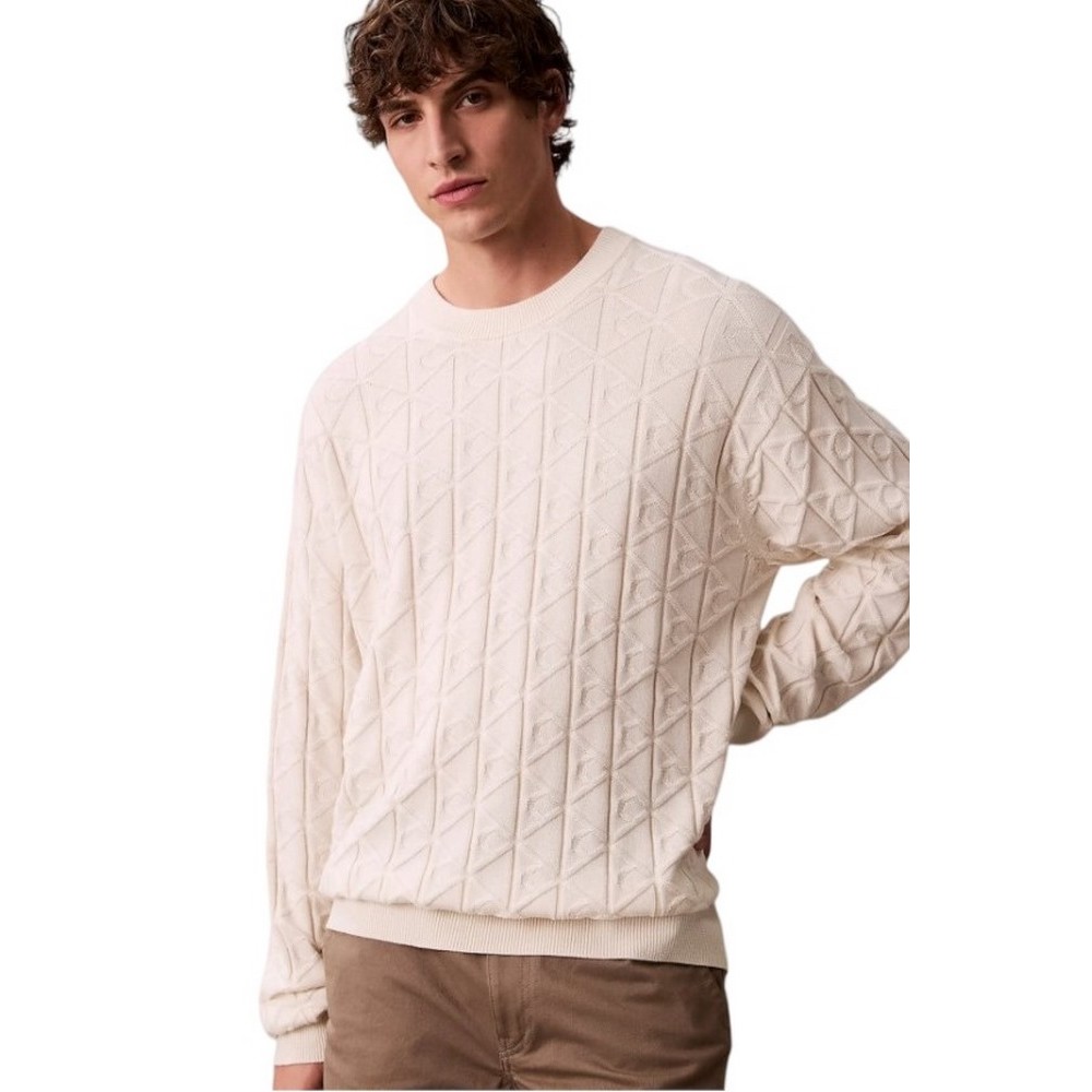 CALVIN KLEIN JEANS LS EASY AOP COTTON CREWNK SWEATE ΜΠΛΟΥΖΑ ΠΛΕΚΤΗ ΑΝΔΡΙΚΗ OFF WHITE