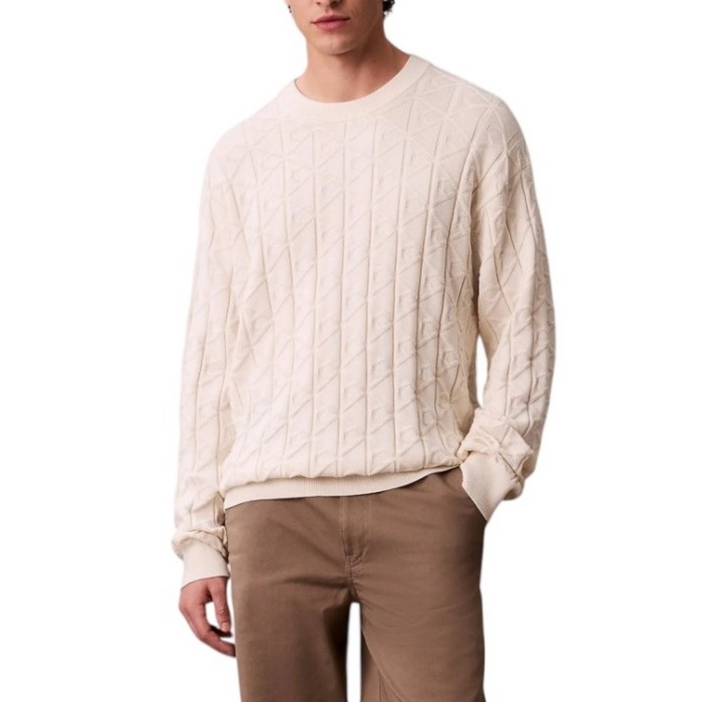 CALVIN KLEIN JEANS LS EASY AOP COTTON CREWNK SWEATE ΜΠΛΟΥΖΑ ΠΛΕΚΤΗ ΑΝΔΡΙΚΗ OFF WHITE