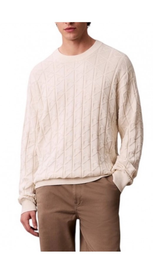 CALVIN KLEIN JEANS LS EASY AOP COTTON CREWNK SWEATE ΜΠΛΟΥΖΑ ΠΛΕΚΤΗ ΑΝΔΡΙΚΗ OFF WHITE