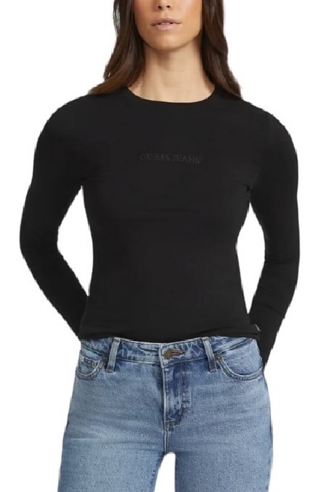 GUESS JEANS  LS CN SLIM LOGO EMB TEE ΜΠΛΟΥΖΑ ΓΥΝΑΙΚΕΙΑ BLACK
