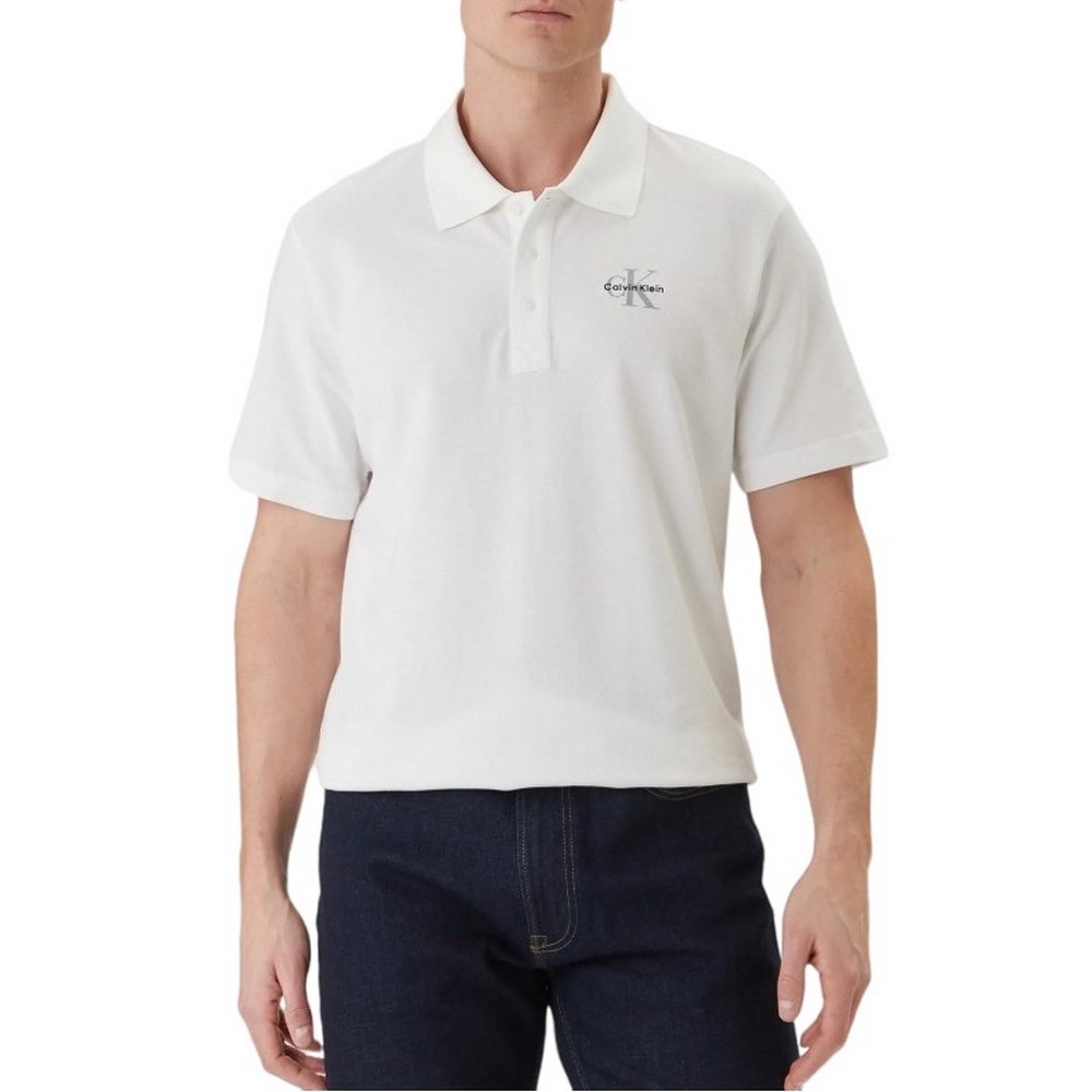 CALVIN KLEIN JEANS EASY MONOLOGO CASUAL PIQUE T-SHIRT ΜΠΛΟΥΖΑ ΑΝΔΡΙΚΗ BRIGHT WHITE