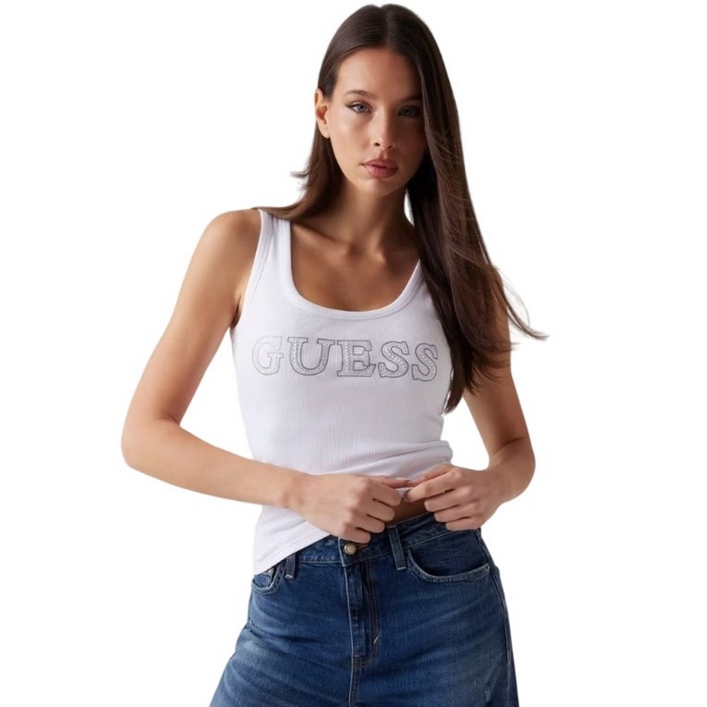 GUESS SL EMBELLISHED LOGO TANK TOP ΤΟΠ ΓΥΝΑΙΚΕΙΟ WHITE