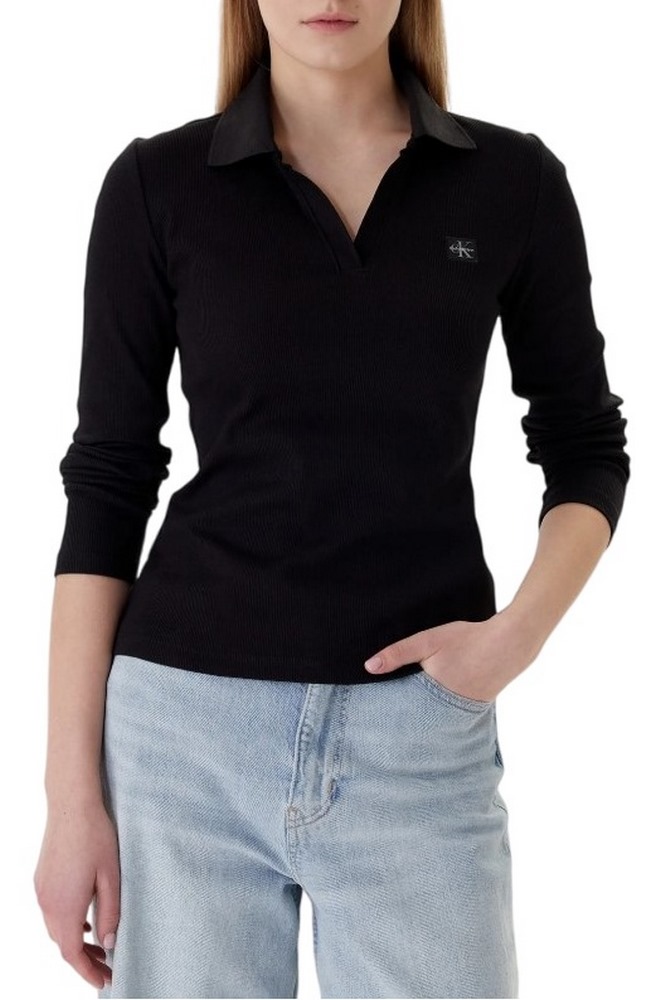 CALVIN KLEIN JEANS LS WOVEN LABEL 2X2 RIB JOHNNY CO ΜΠΛΟΥΖΑ ΓΥΝΑΙΚΕΙΑ BLACK