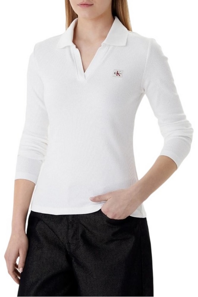 CALVIN KLEIN JEANS LS WOVEN LABEL 2X2 RIB JOHNNY CO ΜΠΛΟΥΖΑ ΓΥΝΑΙΚΕΙΑ WHITE