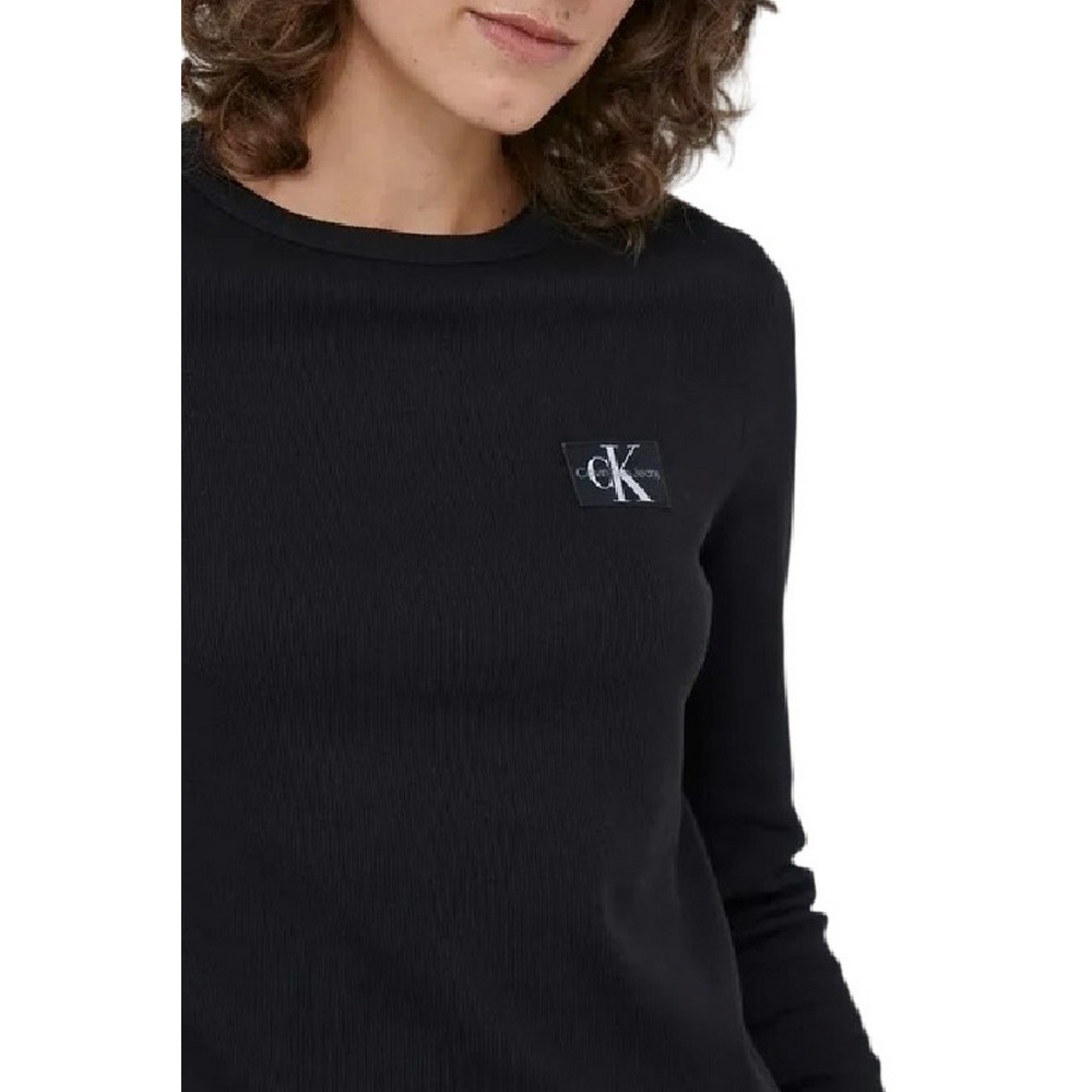 CALVIN KLEIN WOVEN LABEL RIB LONG SLEEVE ΜΠΟΛΟΥΖΑ ΓΥΝΑΙΚΕΙΑ BLACK