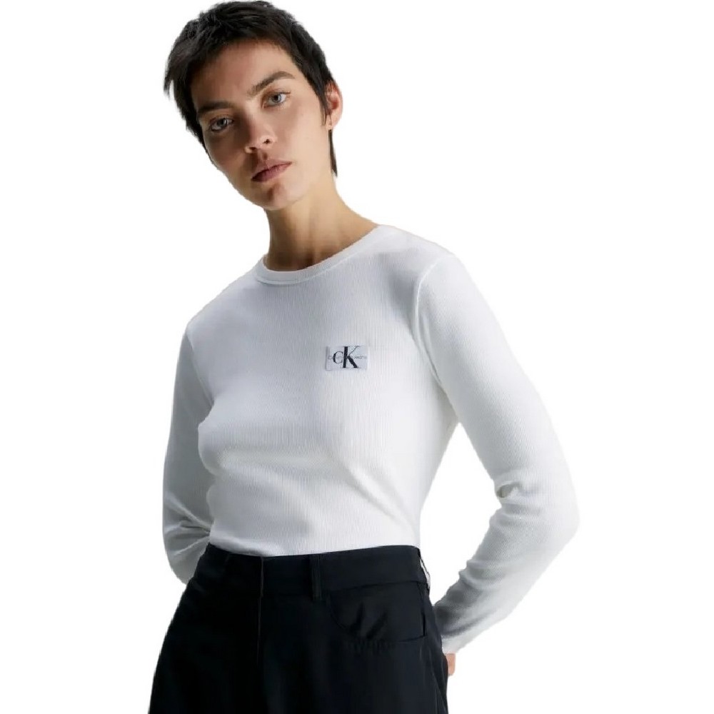 CALVIN KLEIN WOVEN LABEL RIB LONG SLEEVE ΜΠΟΛΟΥΖΑ ΓΥΝΑΙΚΕΙΑ WHITE