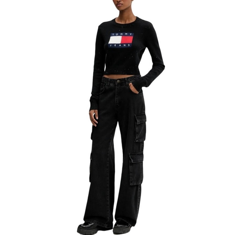 TOMMY JEANS SPARKLE FLAG SWEATER EXT ΜΠΛΟΥΖΑ ΠΛΕΚΤΗ ΓΥΝΑΙΚΕΙΑ BLACK