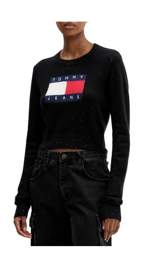 TOMMY JEANS SPARKLE FLAG SWEATER EXT ΜΠΛΟΥΖΑ ΠΛΕΚΤΗ ΓΥΝΑΙΚΕΙΑ BLACK